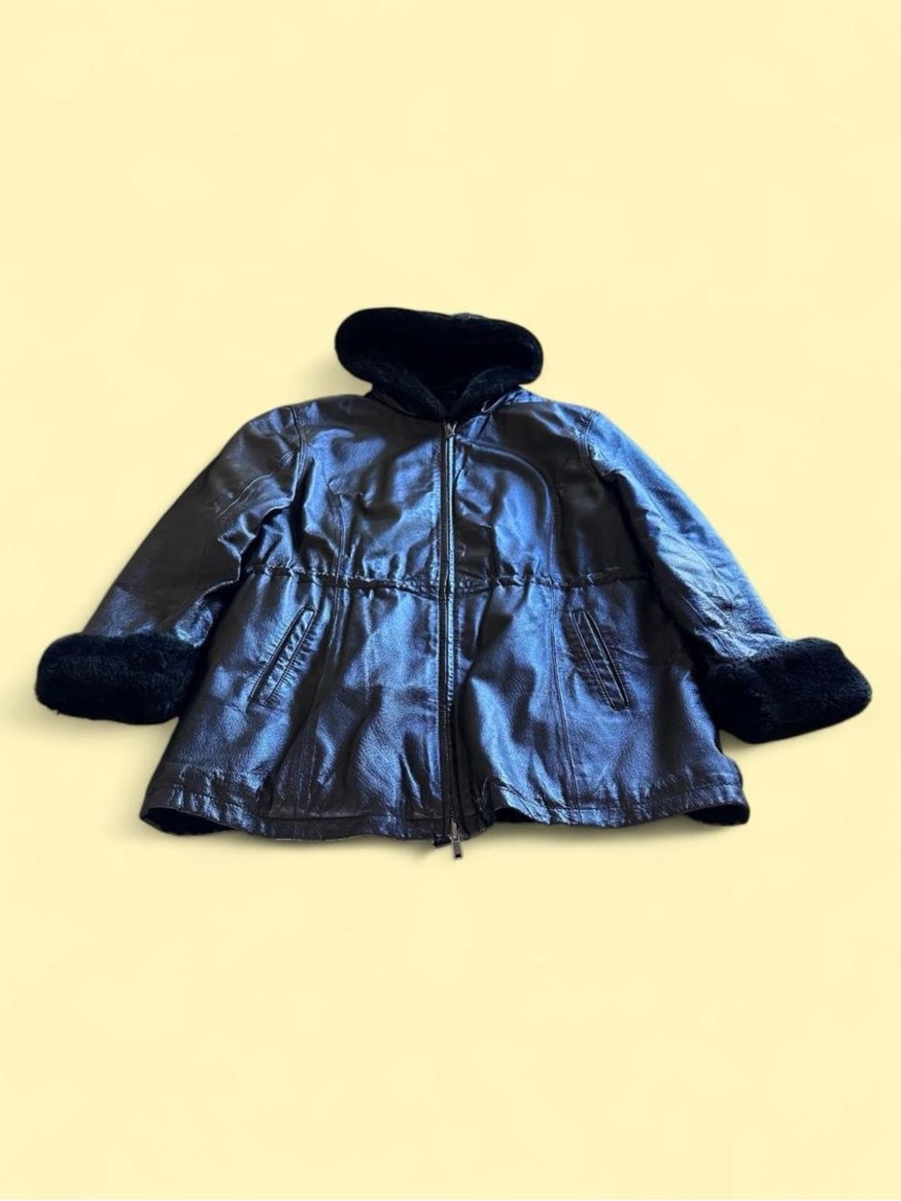 Vintage Wilsons Leather Black Faux Fur Hooded Coat Women’s Size L